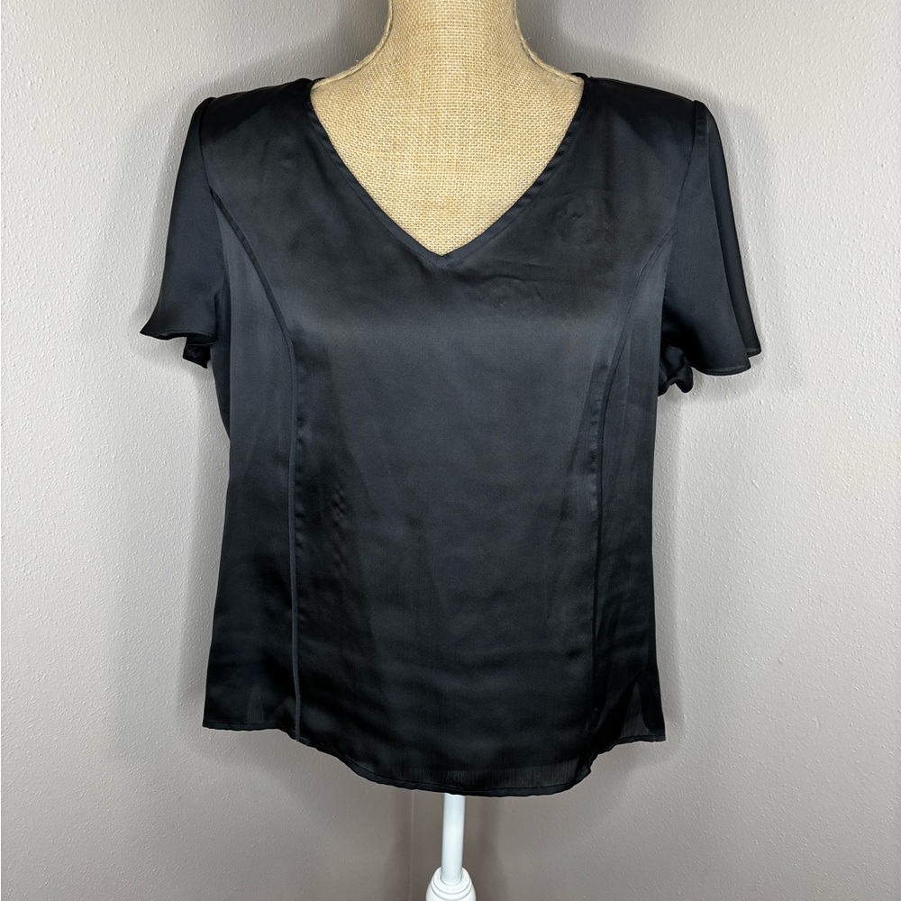 Talla y Moda Black V-Neck Blouse Size 48/L Shldr Pads Side Zip Spain Vntg Satin